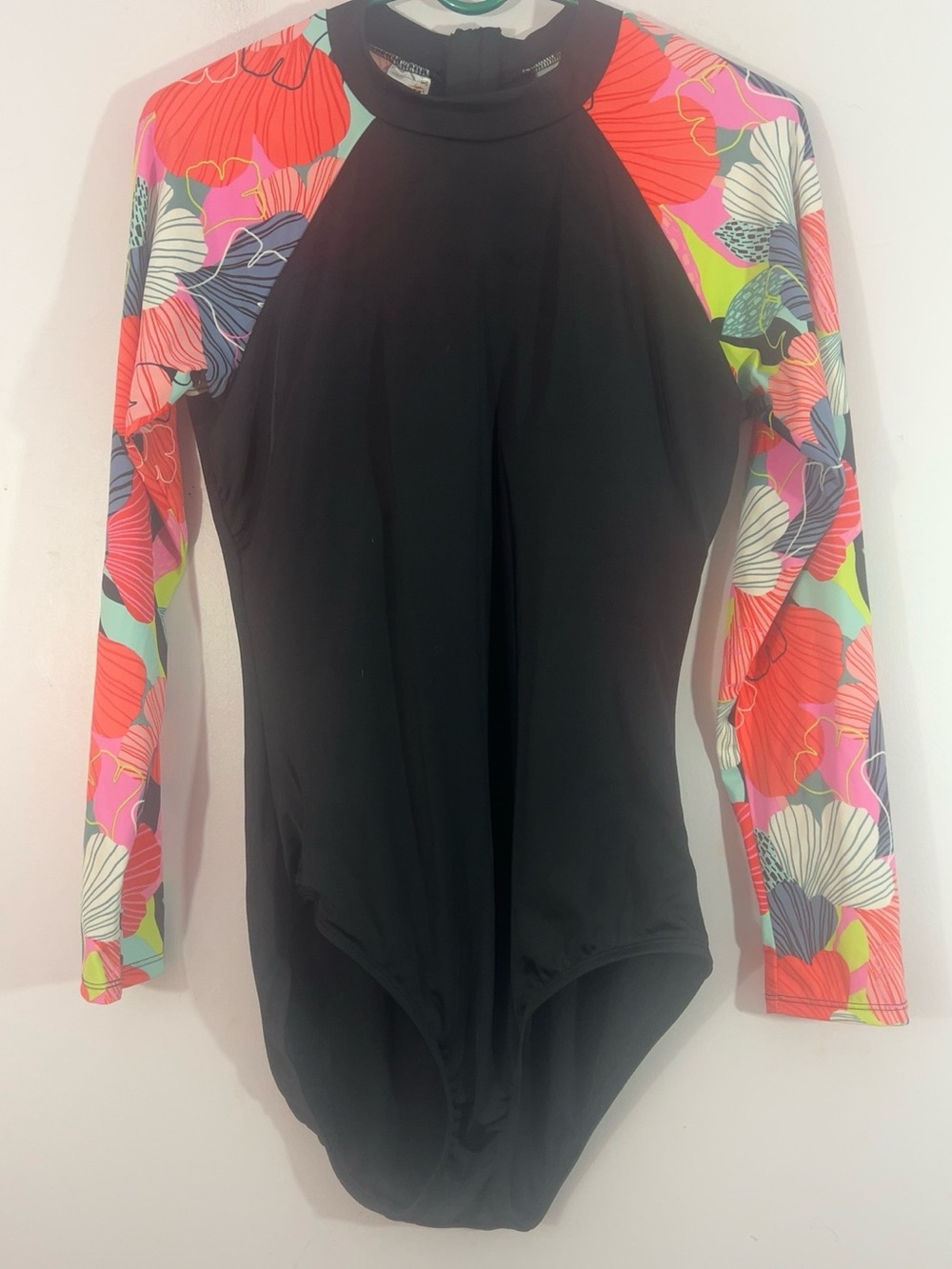 Avia Long Sleeve One Piece Rash Guard Swimsuit Floral Black L 12/14